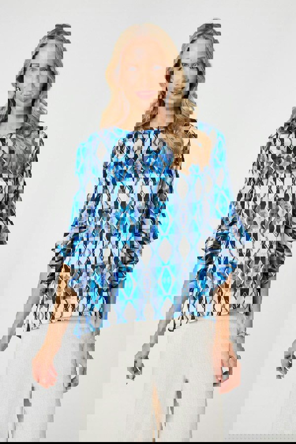 Blue | Geo Print 3/4 Flute Sleeve Curve Hem Blouse