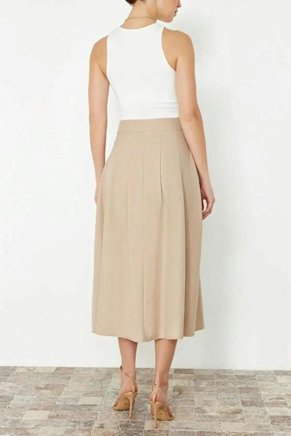 WOVCOR Midi Woven Skirt with Pleat and Buttons Detail