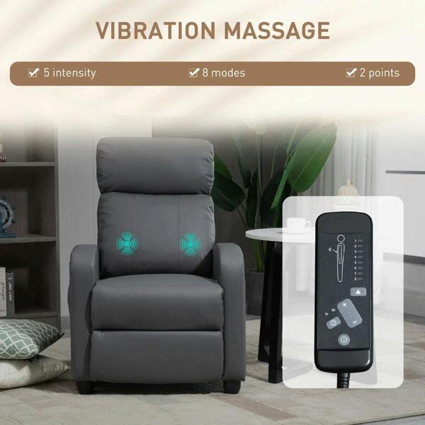 Grey recliner armchair with vibration massage backrest and handheld remote control