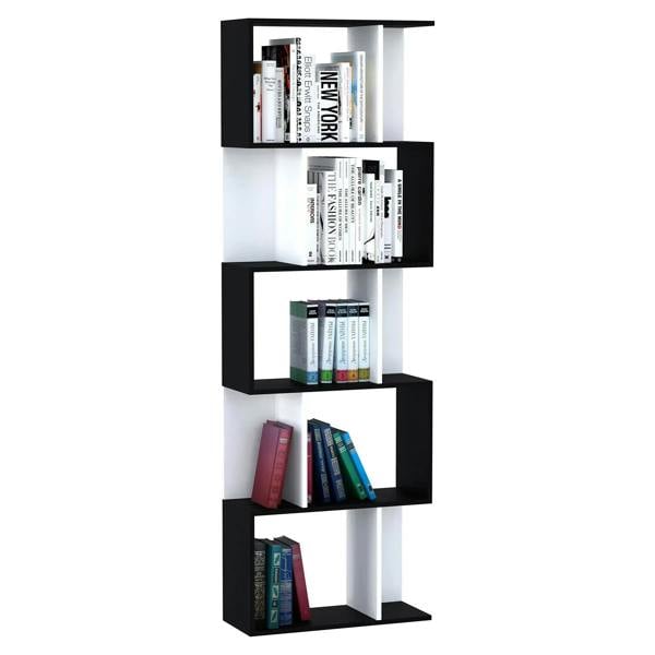 S-shaped freestanding bookshelf with 5 tiers, black and white square open shelves