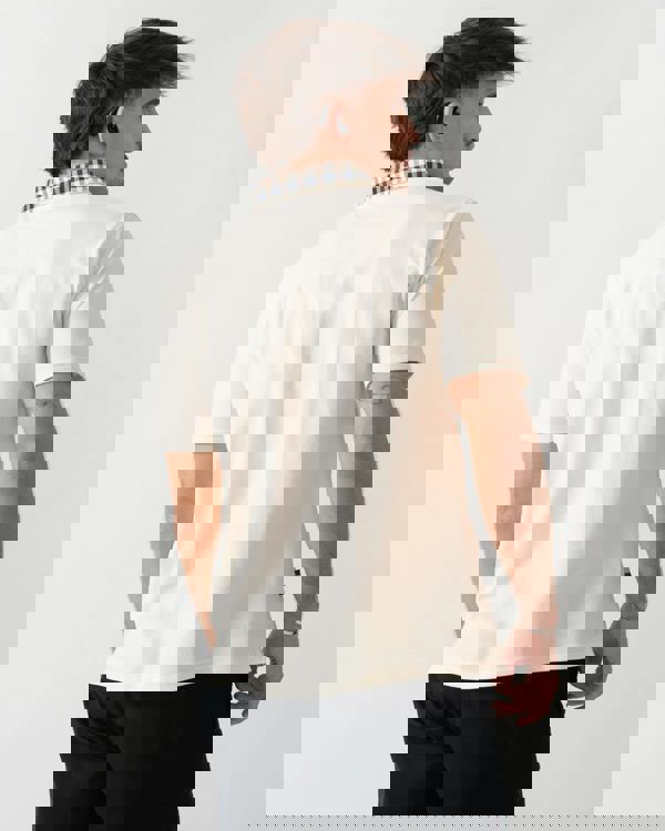 back shot of model wearing an Aquascutum Mens Club Check Collar Polo Shirt in Old White 02