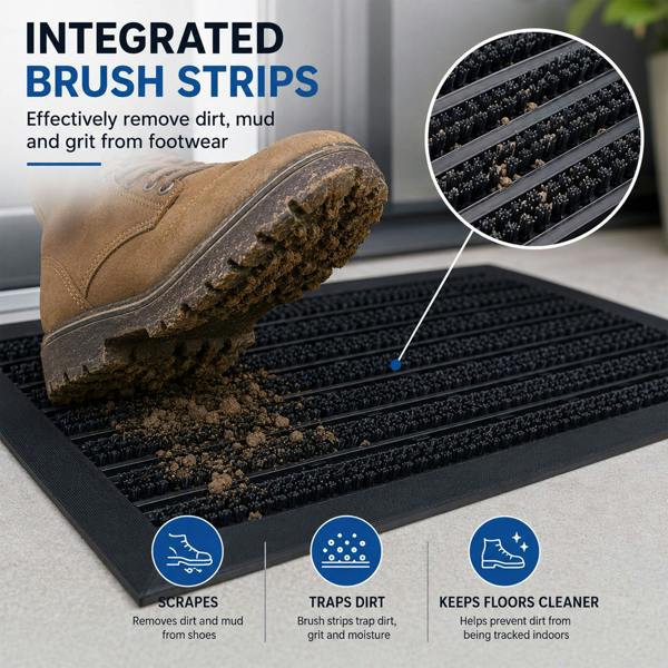 Nicoman Integrated Brush Strip Door Mat with Elevated Drainage Design