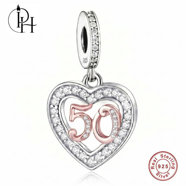 Parus Home 50th Birthday Charm Pandora Compatible 925 Sterling Silver Heart Dangle, Bracelet Gift for Mum