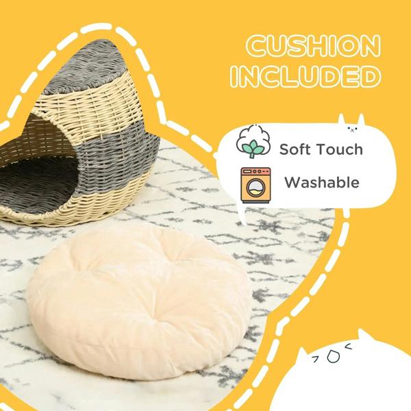 Included soft, washable beige cushion pad for the woven wicker cat house.