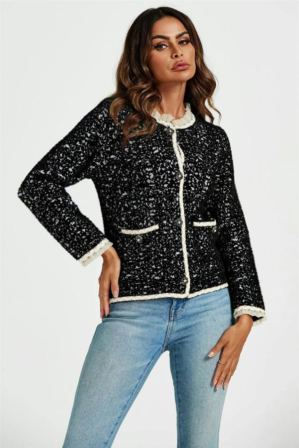 FS Collection Lace Trim Boucle Jacket In Black