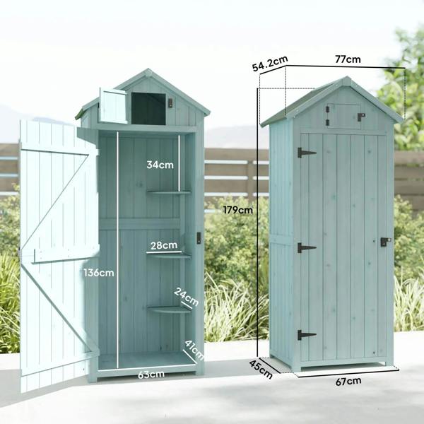 Blue wooden utility shed with double doors and three shelves, dimensioned view