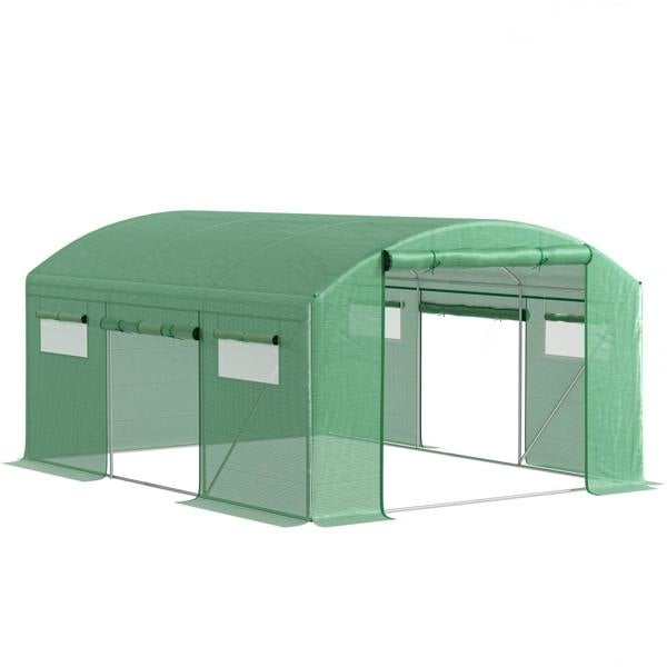 Green walk-in polytunnel greenhouse with clear zip door panels and arched frame