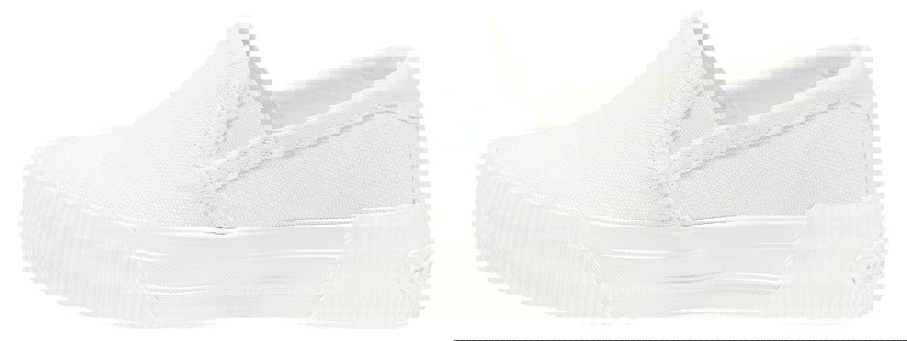 Rocket Dog Cheeryful Womens Slip On Casual Trainers Shoe, white slip-on sneaker with a textured rubber sole and smooth fabric upper for casual comfort.