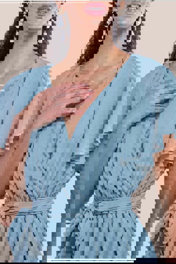 Sustainable Flutter Sleeve Chiffon Wrap Midi Dress - Sage Green DR2555BBS