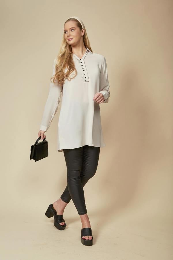 Hoxton Gal Tunic Shirt with Button Details in Beige