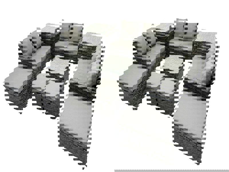 Fimous PE Rattan Garden Furniture Set Lounge Double Seat Sofa Coffee Table Set with 2 Side Tables 4 Stools Dark Grey Mixed