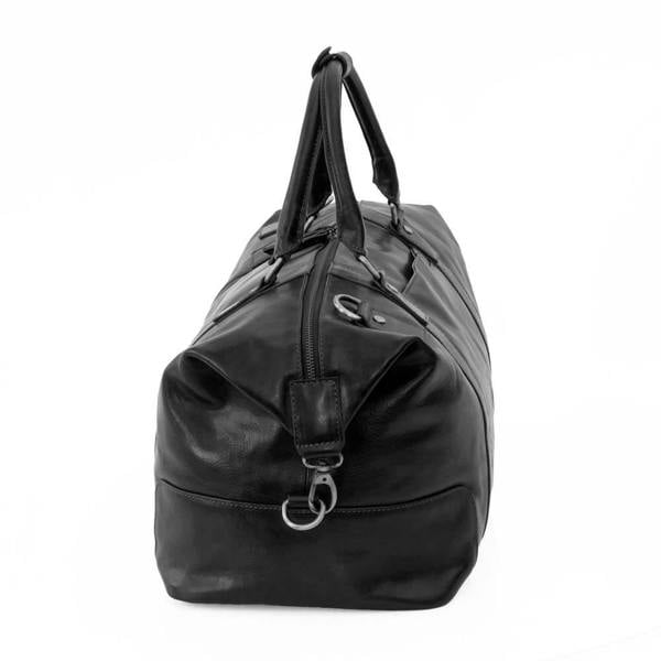 Side profile of the Orion black full-grain leather holdall travel bag by Primehide with adjustable shoulder strap.