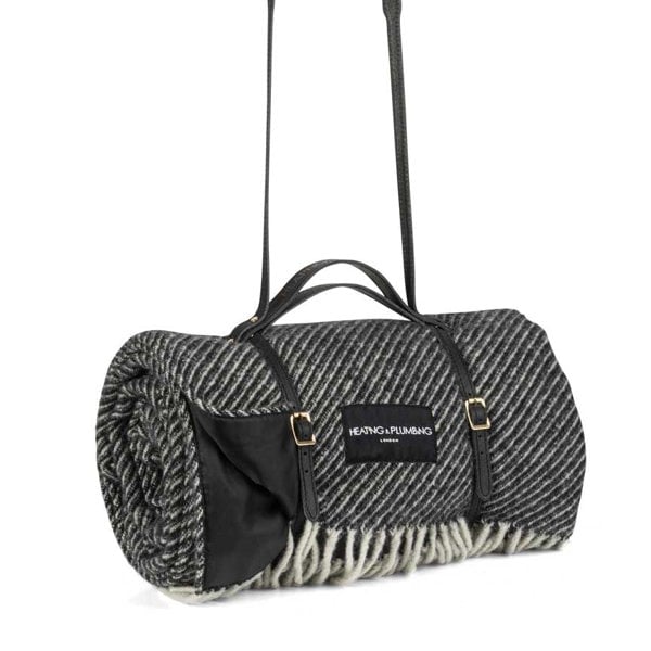 Members' Club Wool Picnic Blanket with Long Black Leather Shoulder Strap