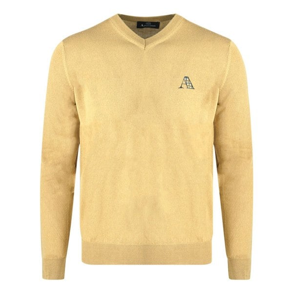 Aquascutum Check A Logo Beige V-Neck Jumper - Nova Clothing