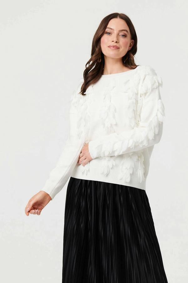 White | Feather Embellished Long Sleeve Jumper
