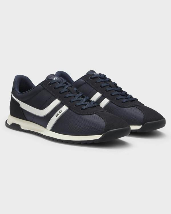 BOSS Orange Zayn Mens Low-Top Trainers with Faux-Leather Trims - Dark Blue 401 | CHO | Designer Mens Trainers