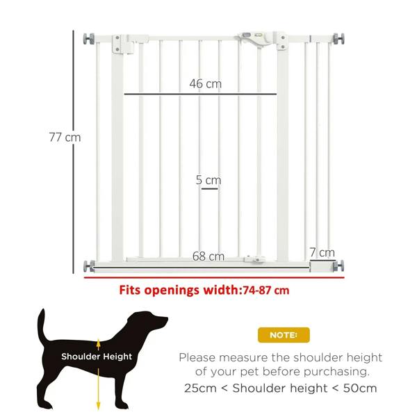 White adjustable safety gate showing opening width and height range