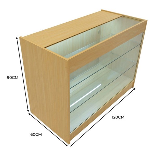 Maple LED retail shop counter K1200 with glass display, measuring 120cm wide, 90cm high, and 60cm deep, featuring a sleek design