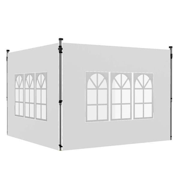 White pop-up gazebo side panel set with three decorative window sections and frame poles