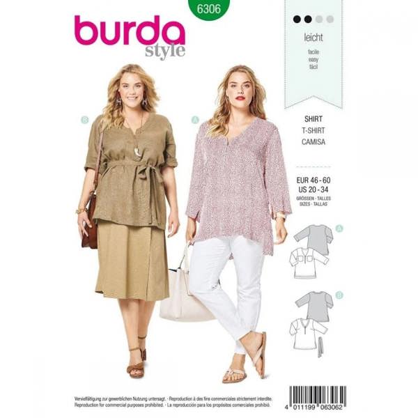 Burda Sewing Pattern 6306 Tops For Women, 20 to 34 - Easy