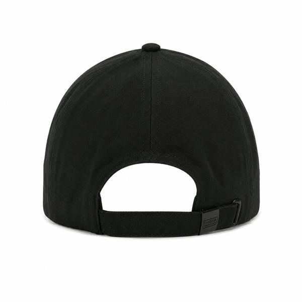 Back view of a black Barbour International drill baseball cap with an adjustable strap and branded metal buckle.