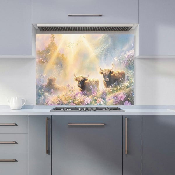 Warren Reed Highland Cows in Spring Glass Kitchen Splashback - 00021