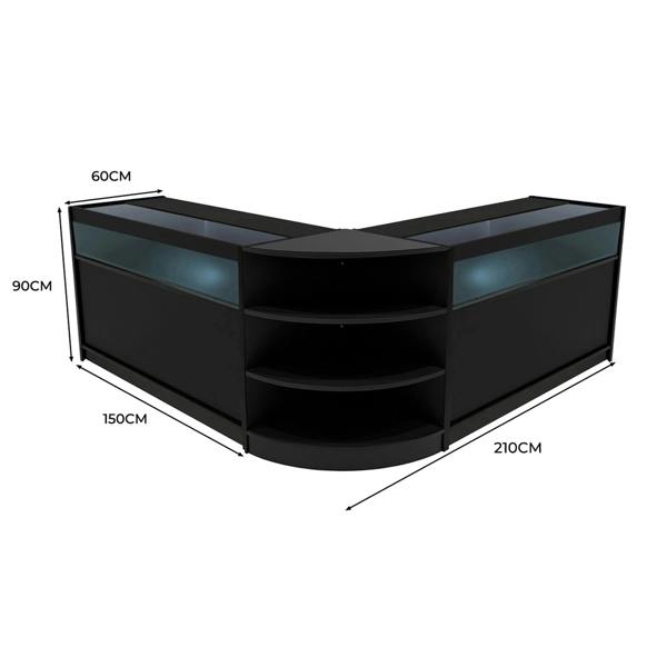 Theseus LED Shop Counter Set in sleek black, featuring curved design, glass display tops, and ample storage shelves, dimensions 210cm x 90cm x 60cm