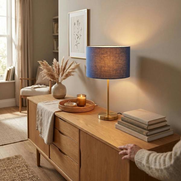 Designer English Manor Blue Textured Linen Fabric Circular Lamp Shade Image 6