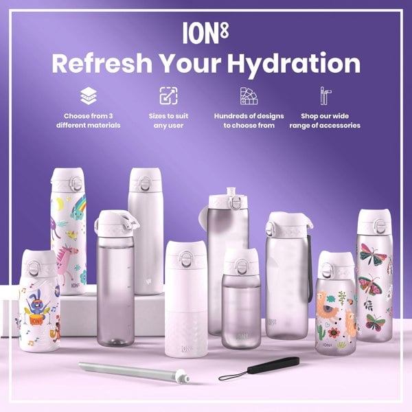 Several ION8 water bottles, in various sizes and designs, are displayed on a purple surface; some feature child-friendly illustrations. Choose from 3 different materials. Sizes to suit any user. Hundreds of designs to choose from. Shop our wide range of accessories.