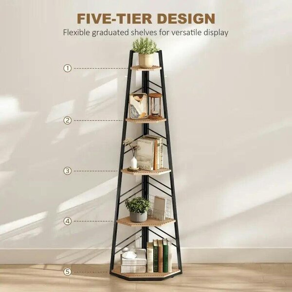 Corner Bookcase, 5-Tier Floor Standing Bookshelf, Shelving Unit for Living Room, Study, Bedroom, Natural Wood Finish