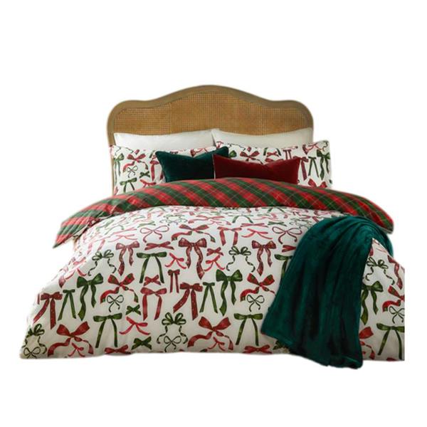 Furn Nathalie Festive Bows Printed Duvet Cover Set - Berry/Pine - 