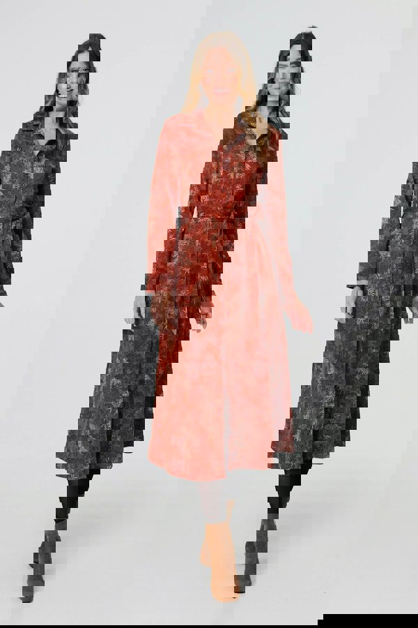 Orange | Leaf Print Tie Waist Midi Shirt Dress
