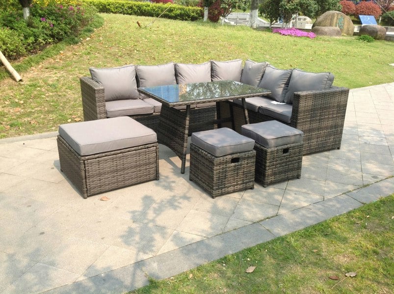 Fimous 9 Seater Grey Rattan Corner Sofa Set Dining Table with 2 Small Footstool Garden Furniture Outdoor