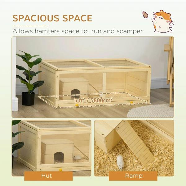 Natural wood hamster cage with hut and ramp, mesh panels, and spacious enclosure