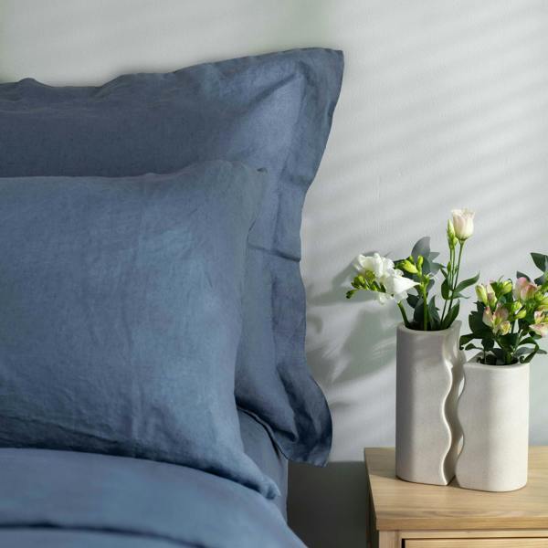 Denim Blue French Linen 40cm Deep Fitted Sheets close-up detail 4 | Soak and Sleep