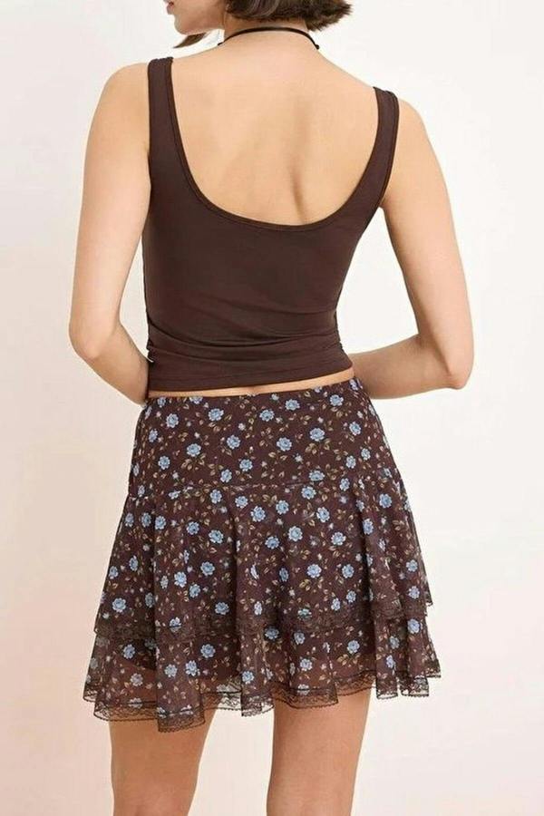 WOVCOR Skater Mini Tulle Knit Short Skirt with Lace Details
