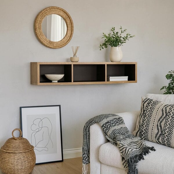 Wyld Haus Athens Natural Oak Wood Effect  Wide Wall Shelf 3 Compartments