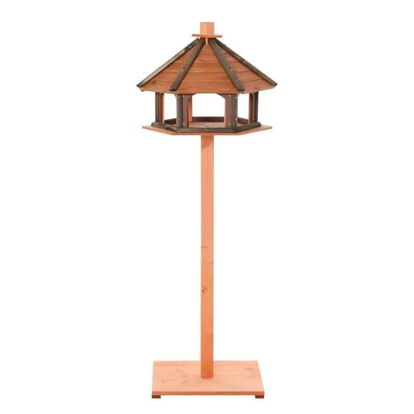 Brown wooden bird feeding table with hexagonal roof and open platform