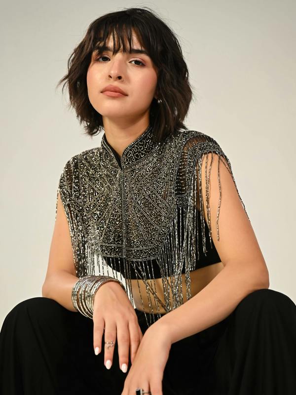 Rose & Nancy Bonnie Hand Embellished Black Silver Fringe Cape Top