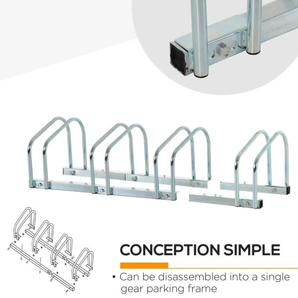 Silver bicycle parking rack with compact base feet and four front-wheel holders