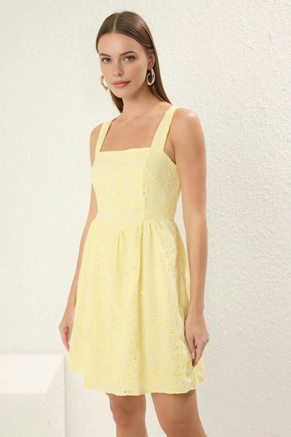Square Neck Wide Strap Skater Mini Broderie Dress