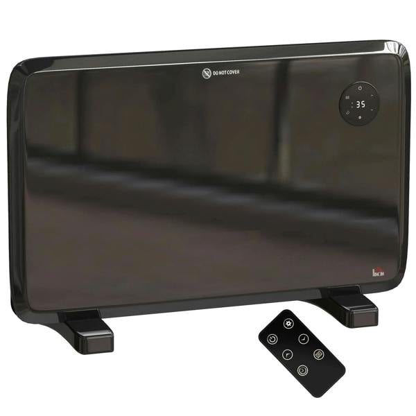 Black freestanding electric convector heater with adjustable thermostat and remote control