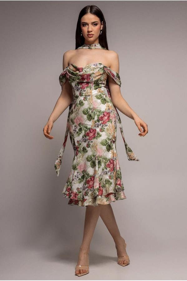 Cowl Neck Floral Print Jacquard Chiffon Tiered Midi Dress - Cream DR4871
