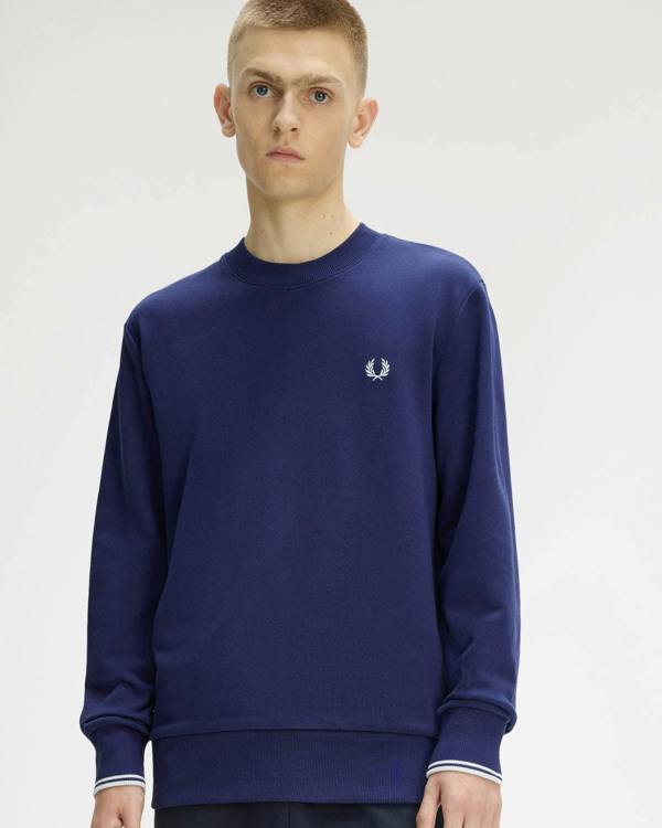 Fred Perry Mens Crew Neck Sweatshirt - French Navy/Dusky Blue/Dusky Blue 93B | CHO | Designer Mens Sweatshirts