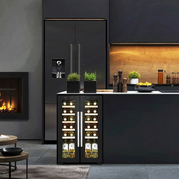 24 Bottle Dual Zone Freestanding Wine Cooler Fridge - LED Backlit BLACK & GLASS - LoopsDirect