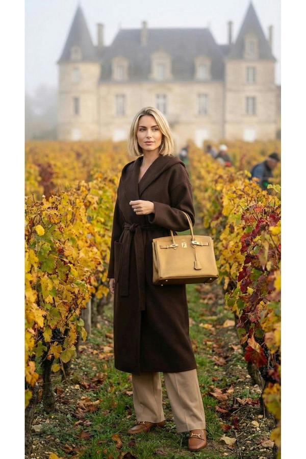 Vionna Hooded Longline Belted Wrap Coat - Brown