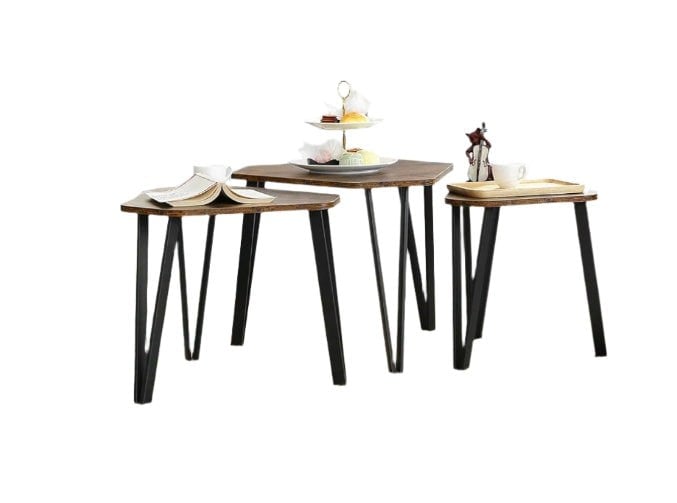 Modcraft Set of 3 Rustic Brown Nesting Coffee Tables with Steel Frames - Industrial Style