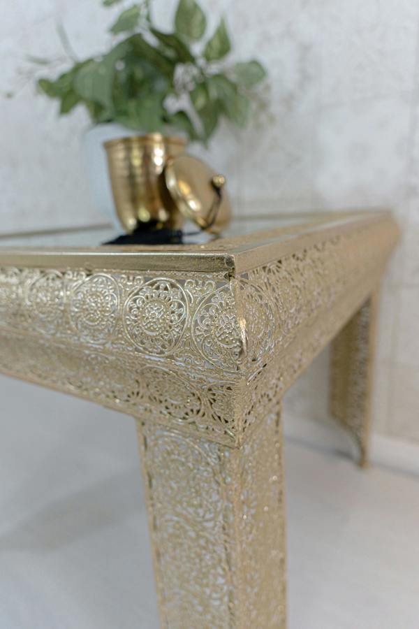 Downton Interiors Light Gold Embossed Metal Mirrored Glass Side Table - Agadir Range