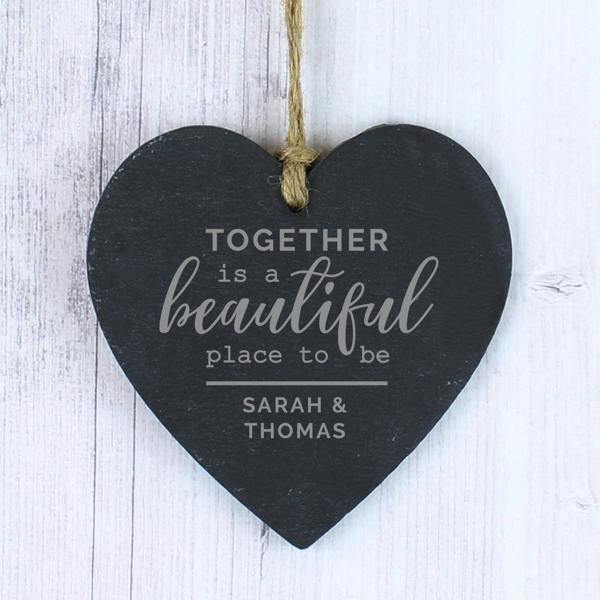 Personalised 'Together' Slate Hanging Heart Decoration - close-up detail