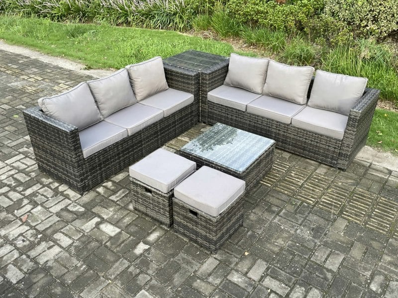 Fimous 8 Seater Rattan Garden Furniture Sofa Set with Side Table Square Coffee Table 2 Small Footstool Indoor Outdoor Rattan Set Dark Grey Mixed